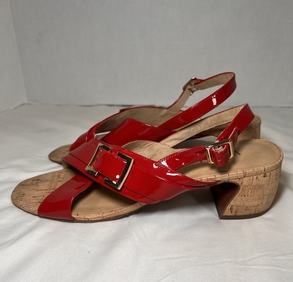 VANELi Womens Size 12M Red Patent Slingback Sandals Cork Block Heel Gold Buckle